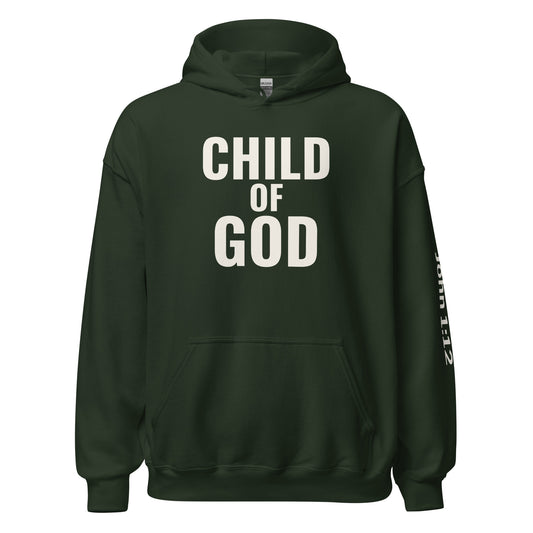 Child of God Christian hoodie in forest green front view with centered chest design