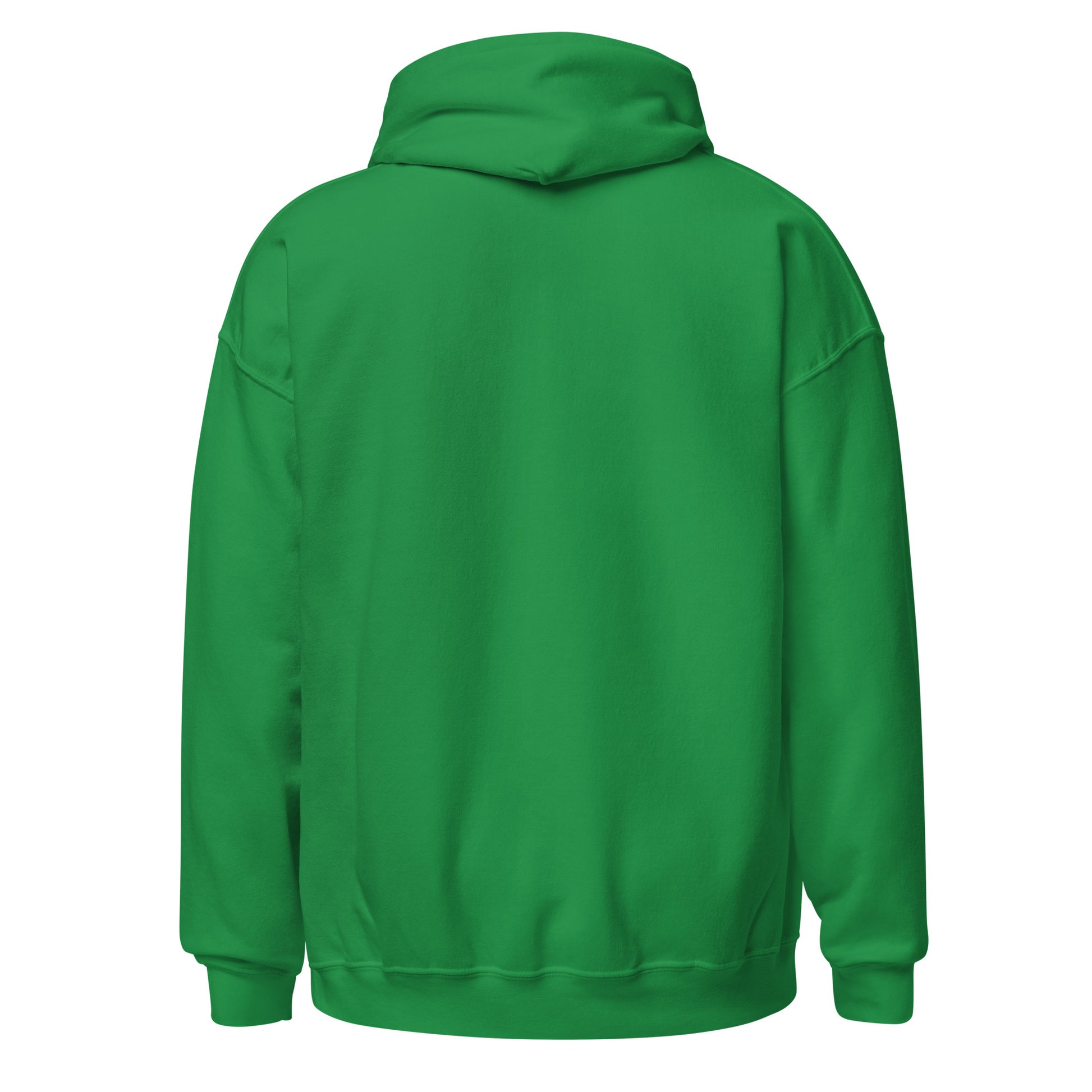 Back view of plain irish green hoodie with no design, showing hood and relaxed unisex fit
