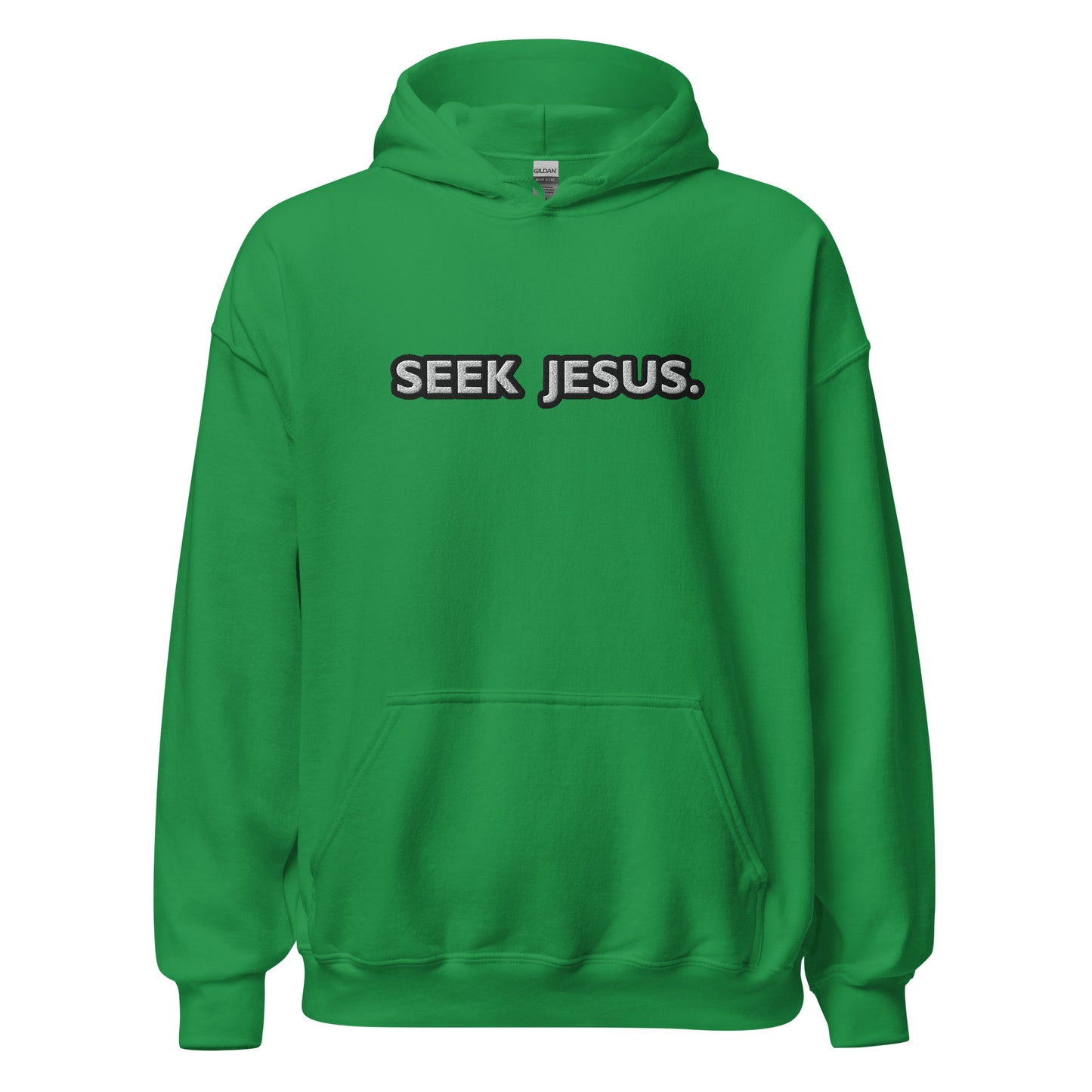 Front view of irish green Christian hoodie with bold embroidered "Seek Jesus" design in white outlined in black
