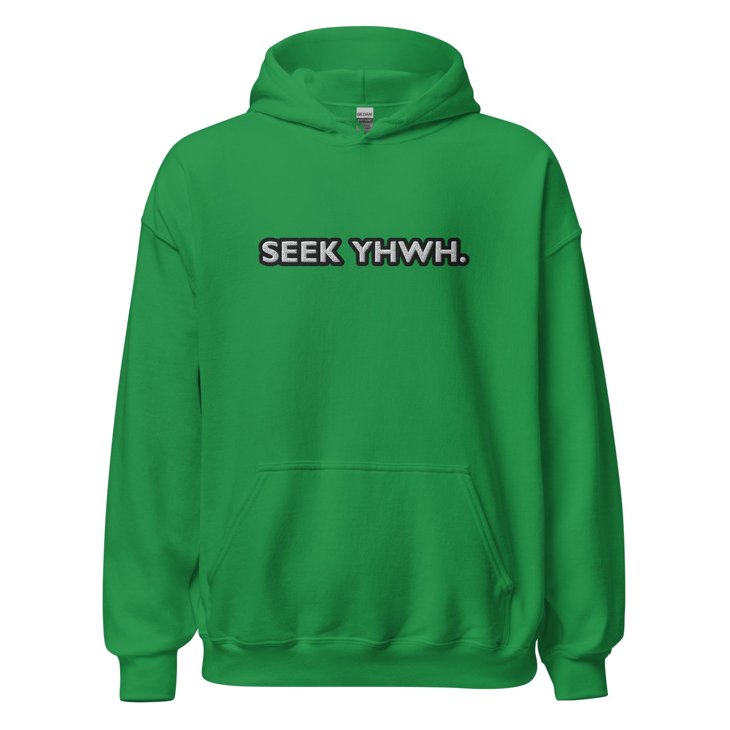 Front view of irish green hoodie featuring bold embroidered text "Seek YHWH" in white with black outline across the chest
