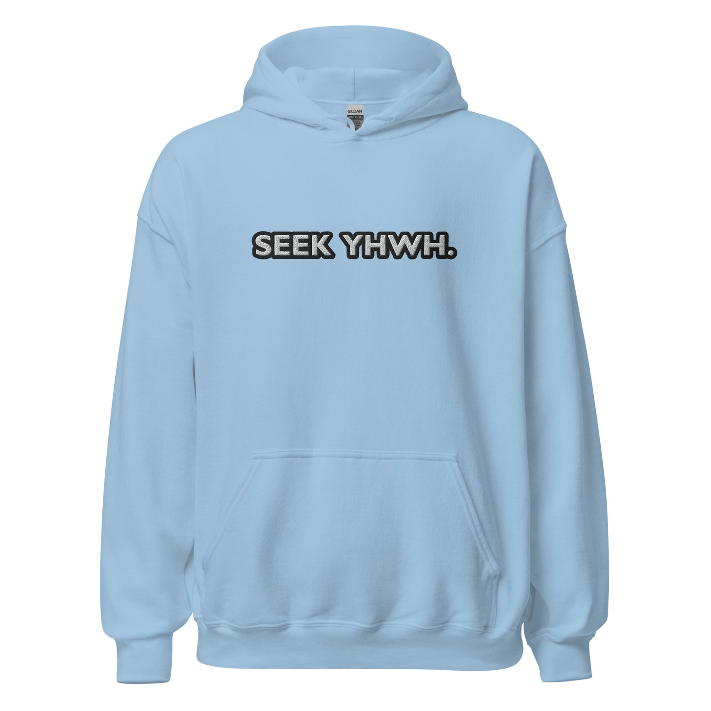 Front view of light blue hoodie featuring bold embroidered text "Seek YHWH" in white with black outline across the chest
