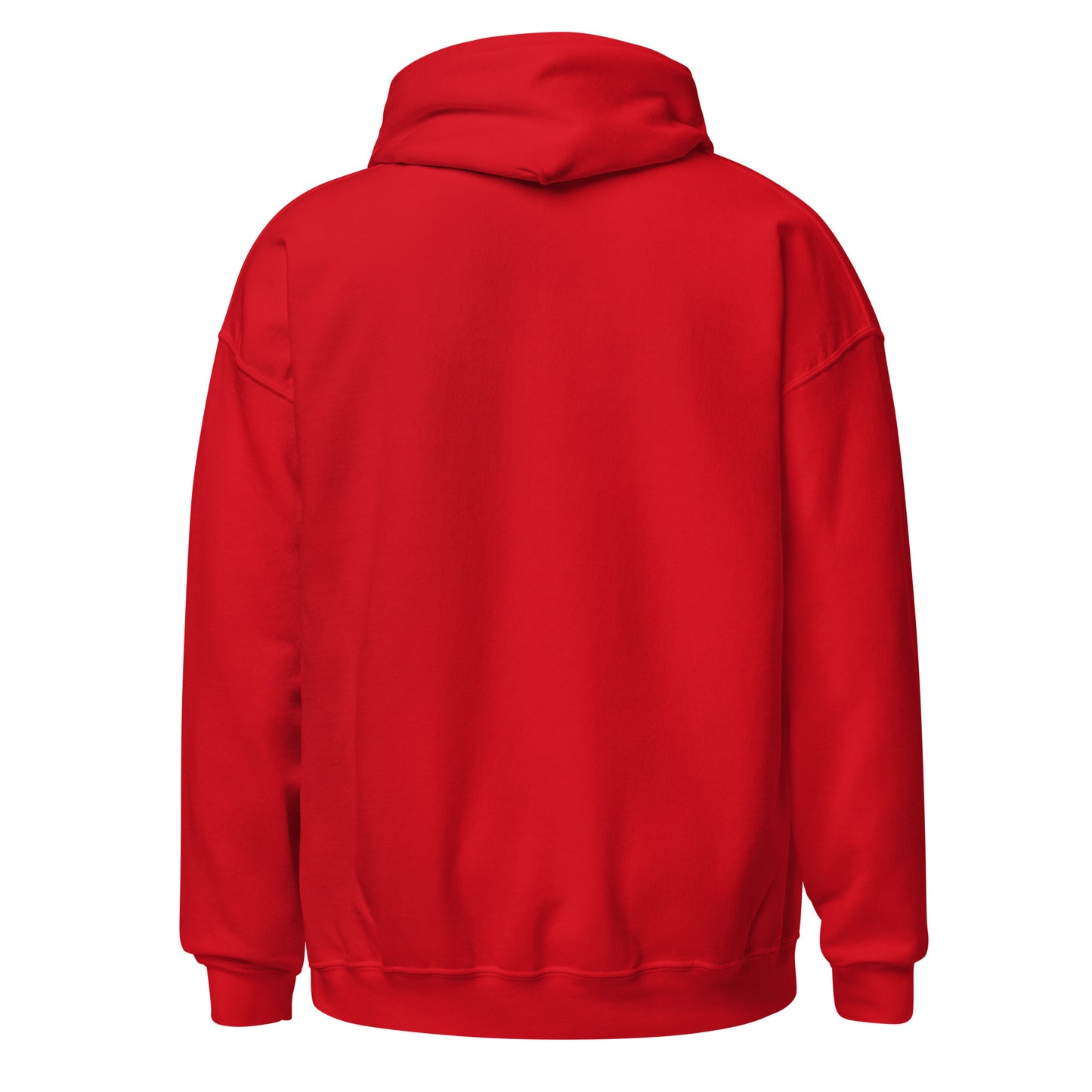 Back view of plain red hoodie with no design, showing hood and relaxed unisex fit
