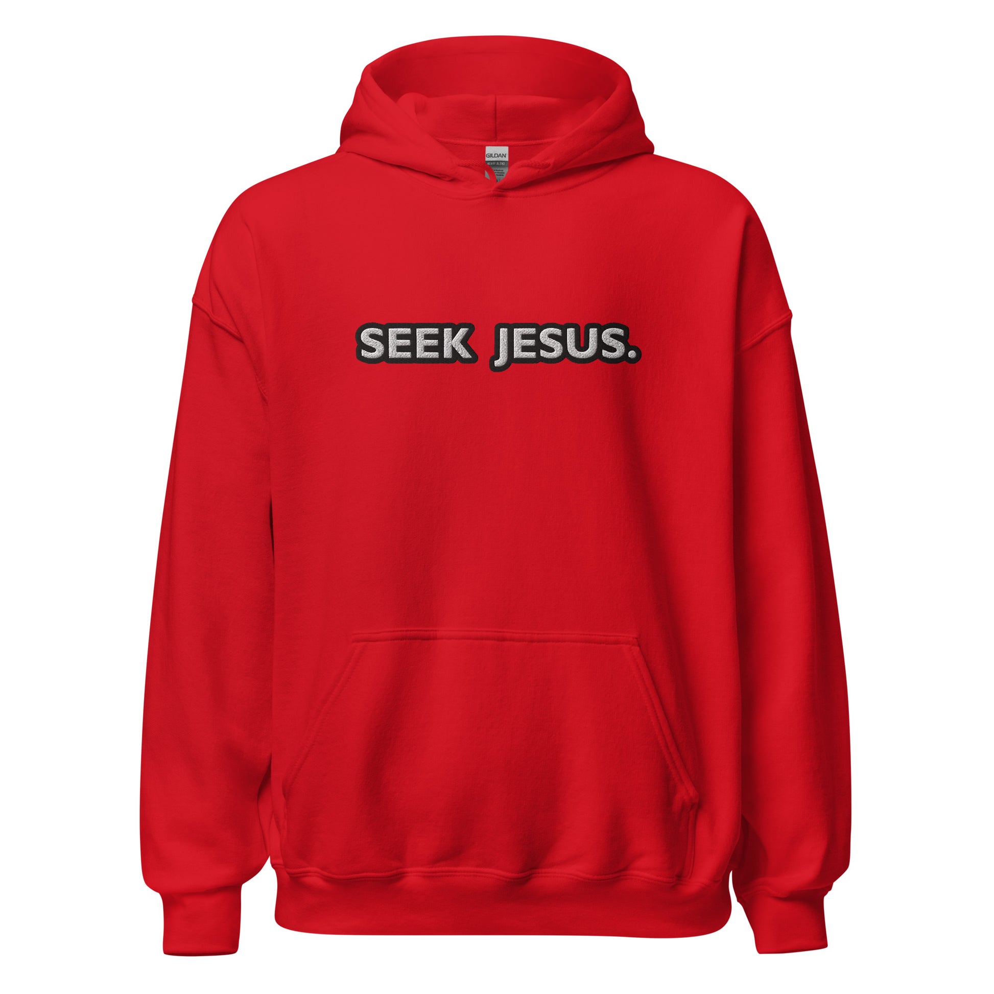 Front view of red Christian hoodie with bold embroidered "Seek Jesus" design in white outlined in black
