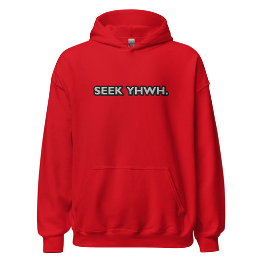 Front view of red hoodie featuring bold embroidered text "Seek YHWH" in white with black outline across the chest

