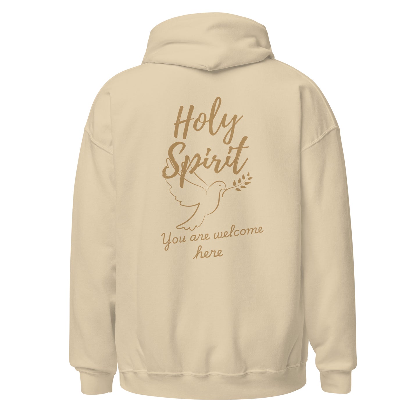 Sand hoodie back view with “Holy Spirit” text, dove graphic, and “You are welcome here” script.