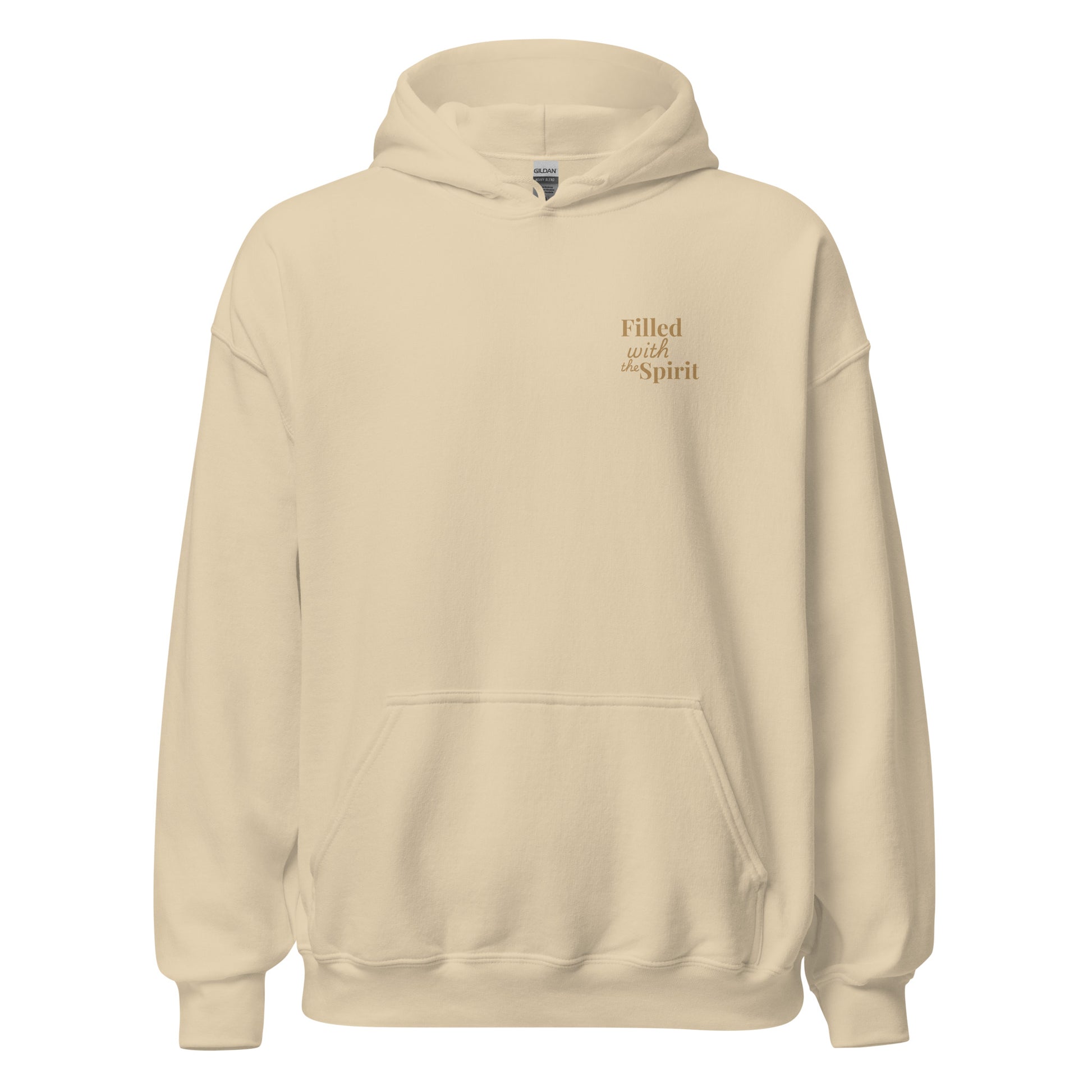 Sand hoodie front view showing “Filled with the Spirit” text on left chest.