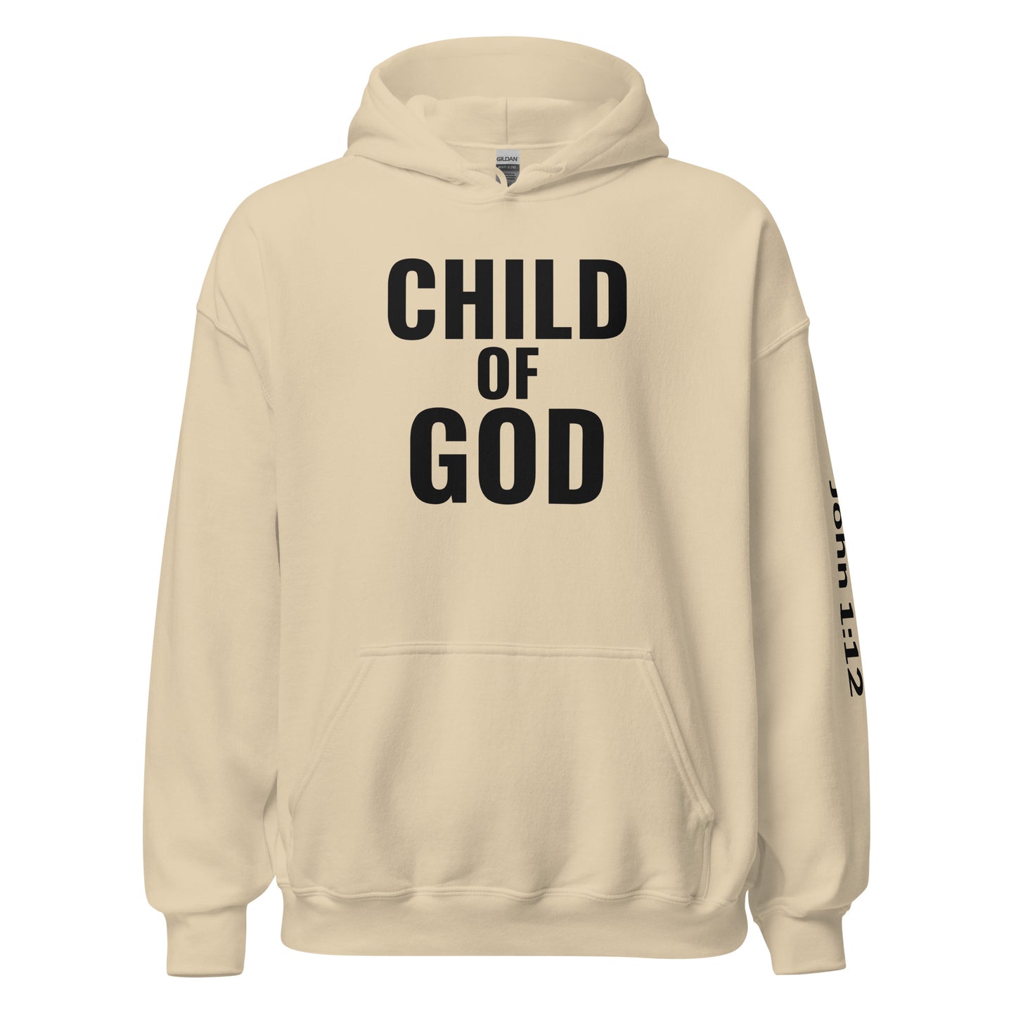 Child of God Christian hoodie in sand color front view with centered chest design