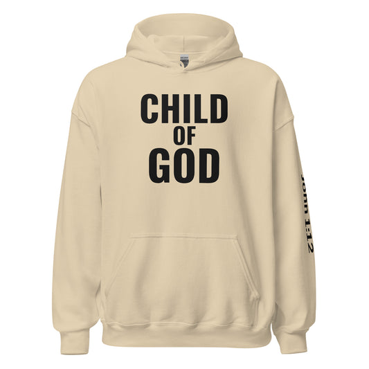 Child of God Christian hoodie in sand color front view with centered chest design