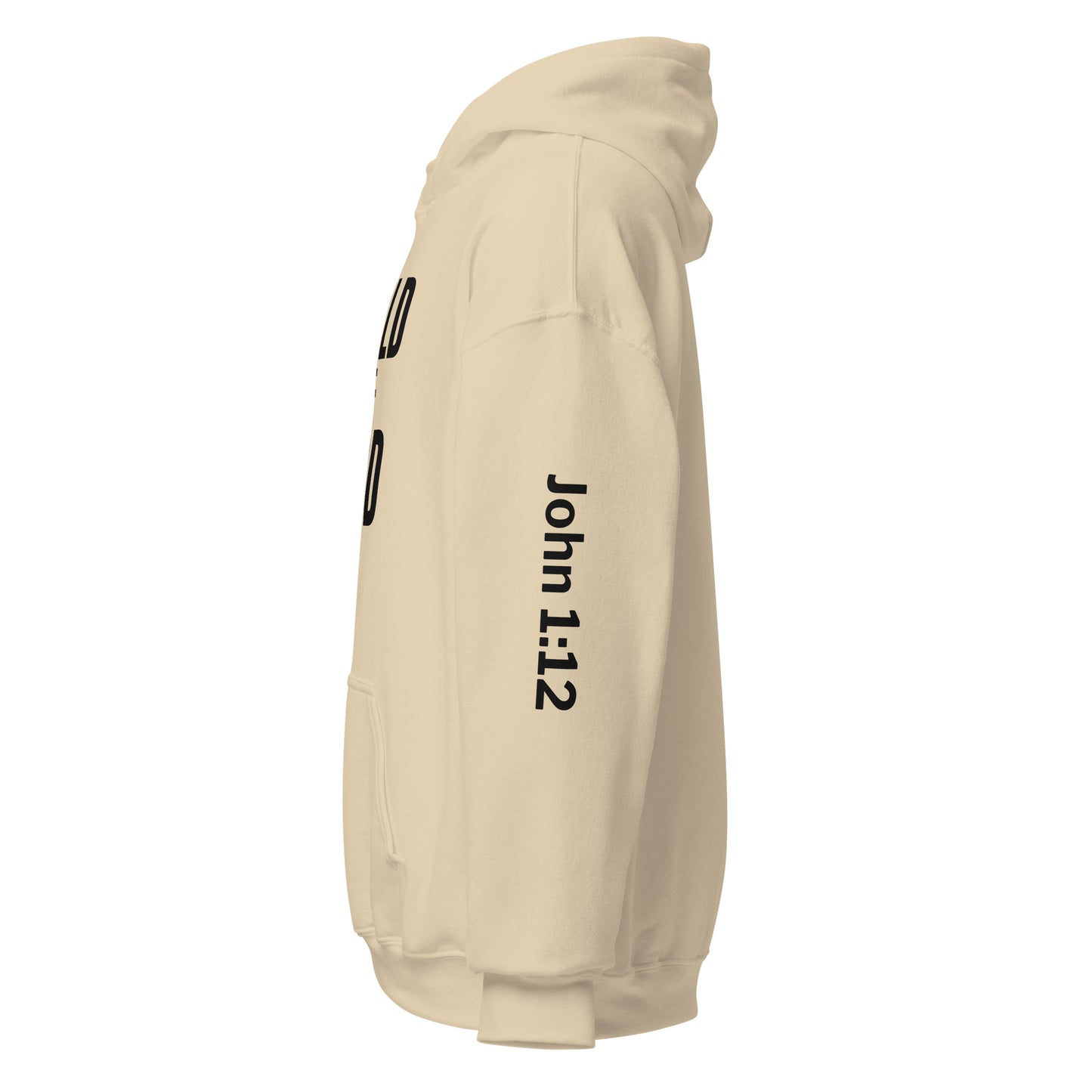 Sand Child of God hoodie side view showing John 1:12 printed on left sleeve