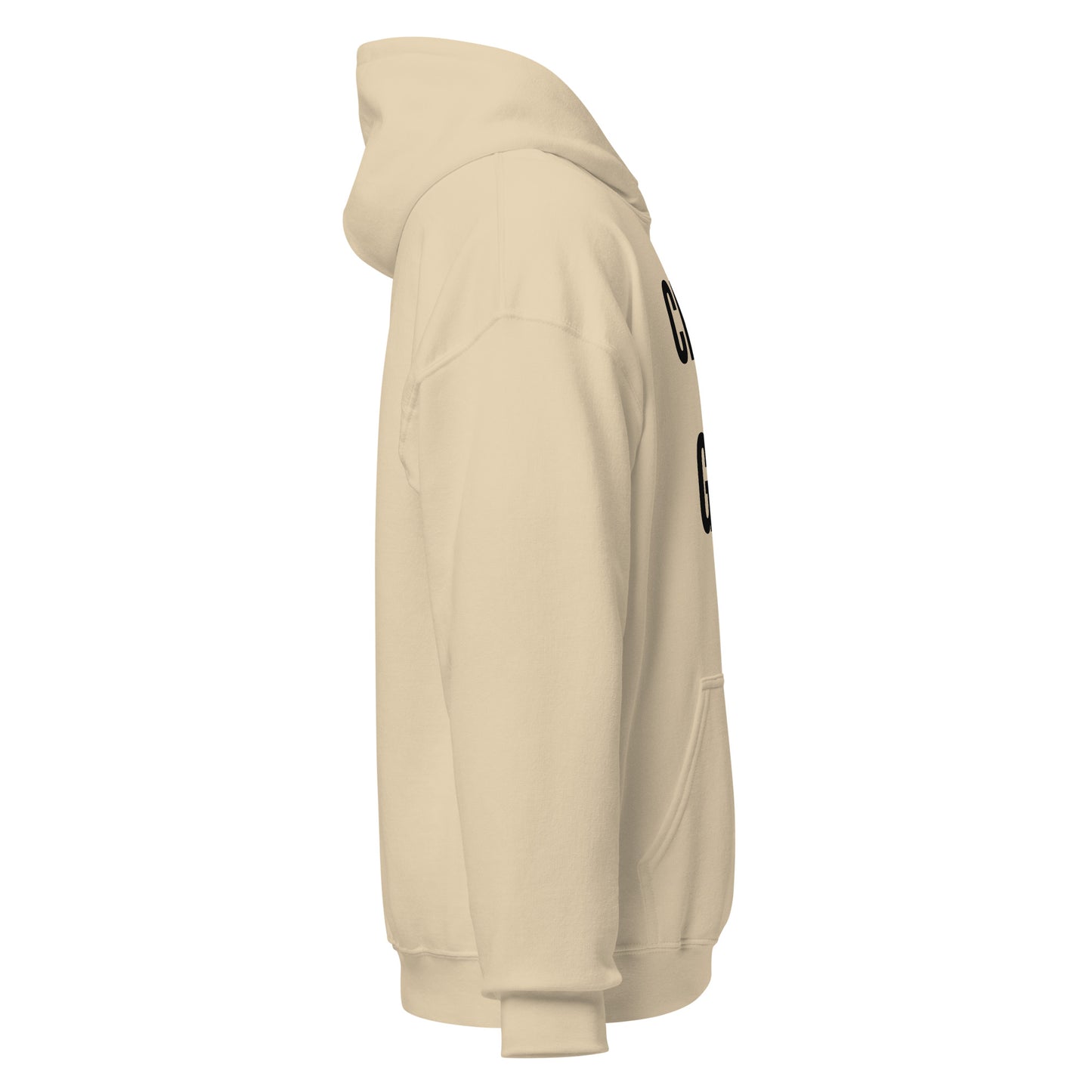 Christian sand hoodie side view showing right sleeve and relaxed fit