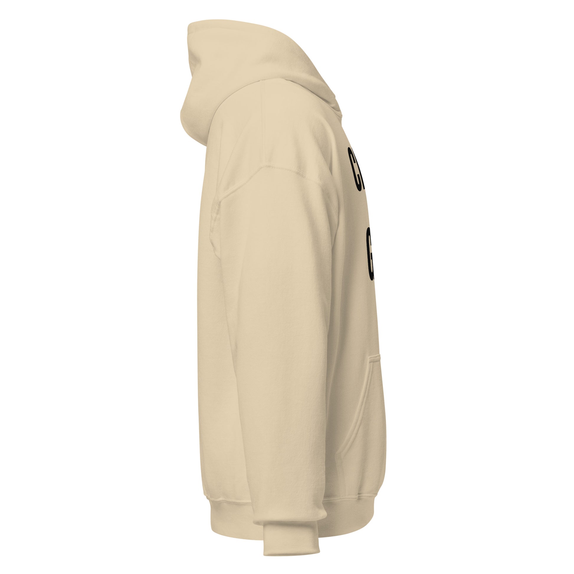 Christian sand hoodie side view showing right sleeve and relaxed fit