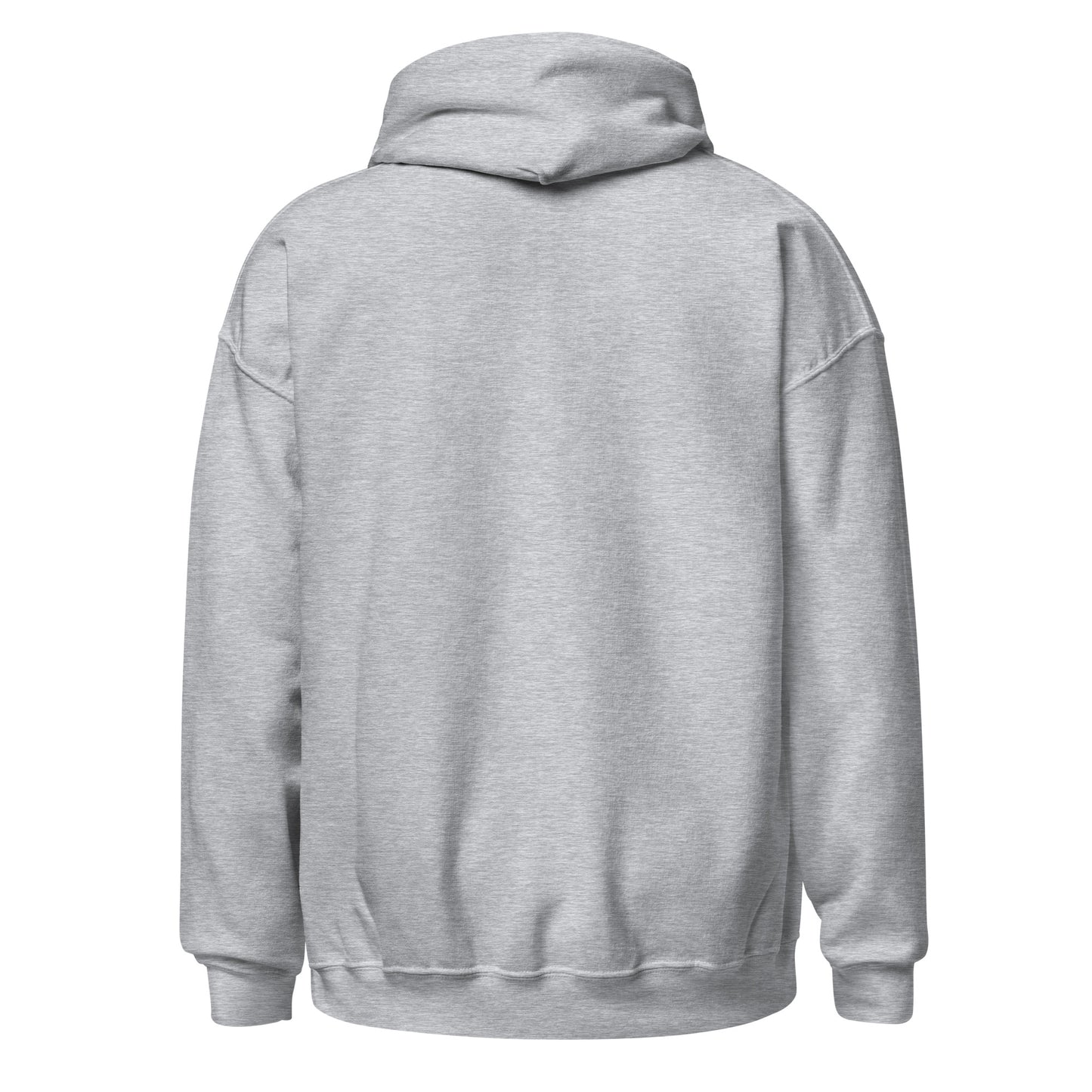 Back view of plain sport grey hoodie with no design, showing hood and relaxed unisex fit
