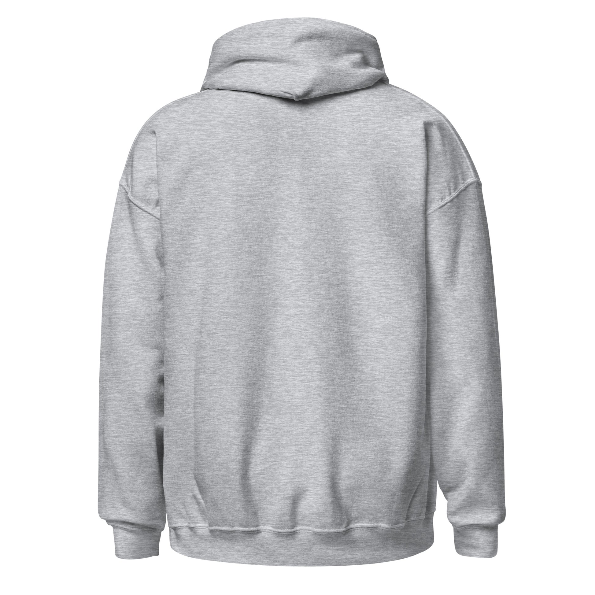 Back view of plain sport grey hoodie with no design, showing hood and relaxed unisex fit

