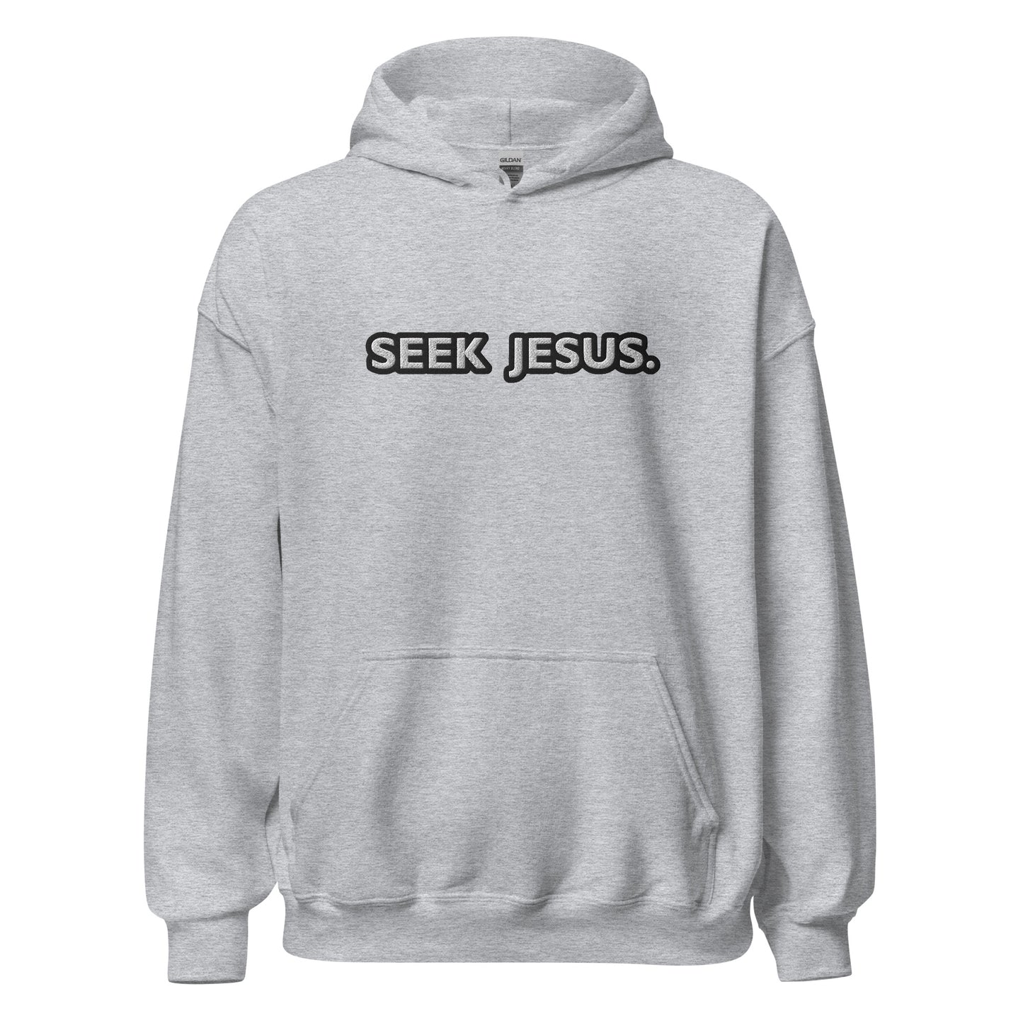 Front view of sport grey Christian hoodie with bold embroidered "Seek Jesus" design in white outlined in black
