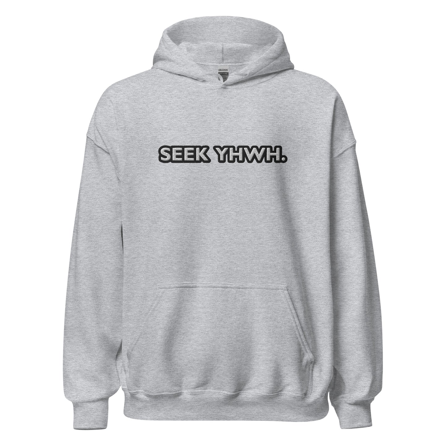 Front view of sport grey hoodie featuring bold embroidered text "Seek YHWH" in white with black outline across the chest

