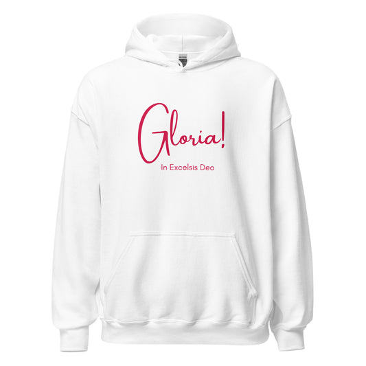 Front view of Gloria! In Excelsis Deo white hoodie with crimson print
