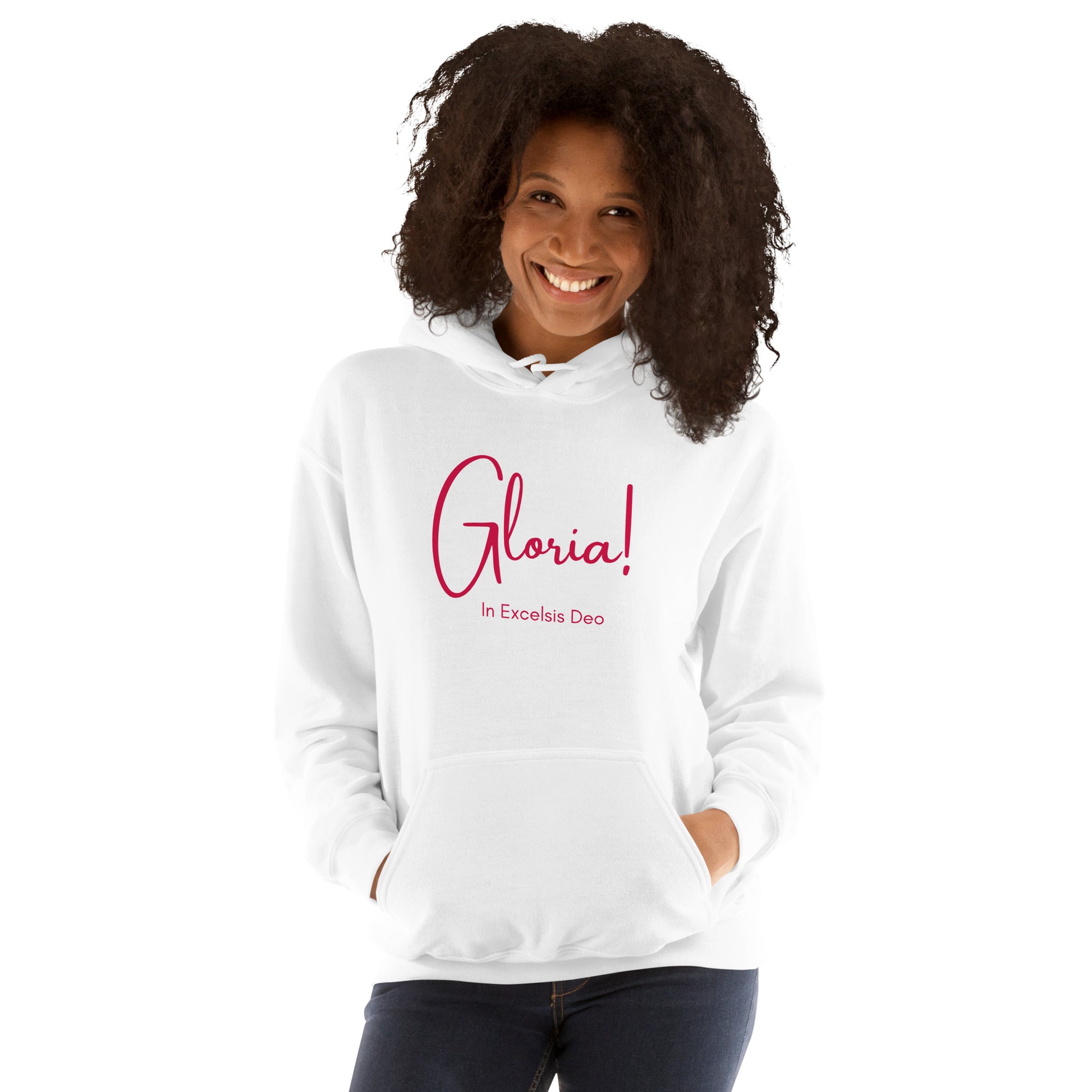 Lifestyle view of woman in jeans smiling while wearing Gloria! In Excelsis Deo hoodie front view