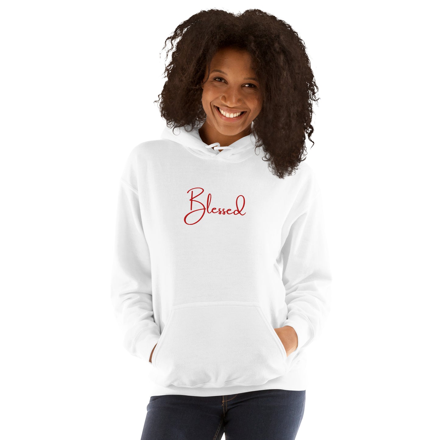 Lifestyle photo – woman wearing white Christmas Edition Blessed hoodie