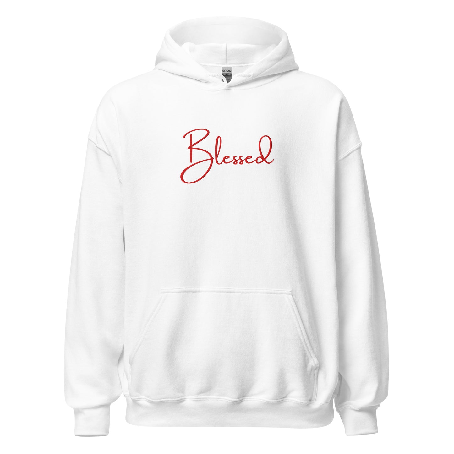Front view of white Blessed hoodie with red embroidery