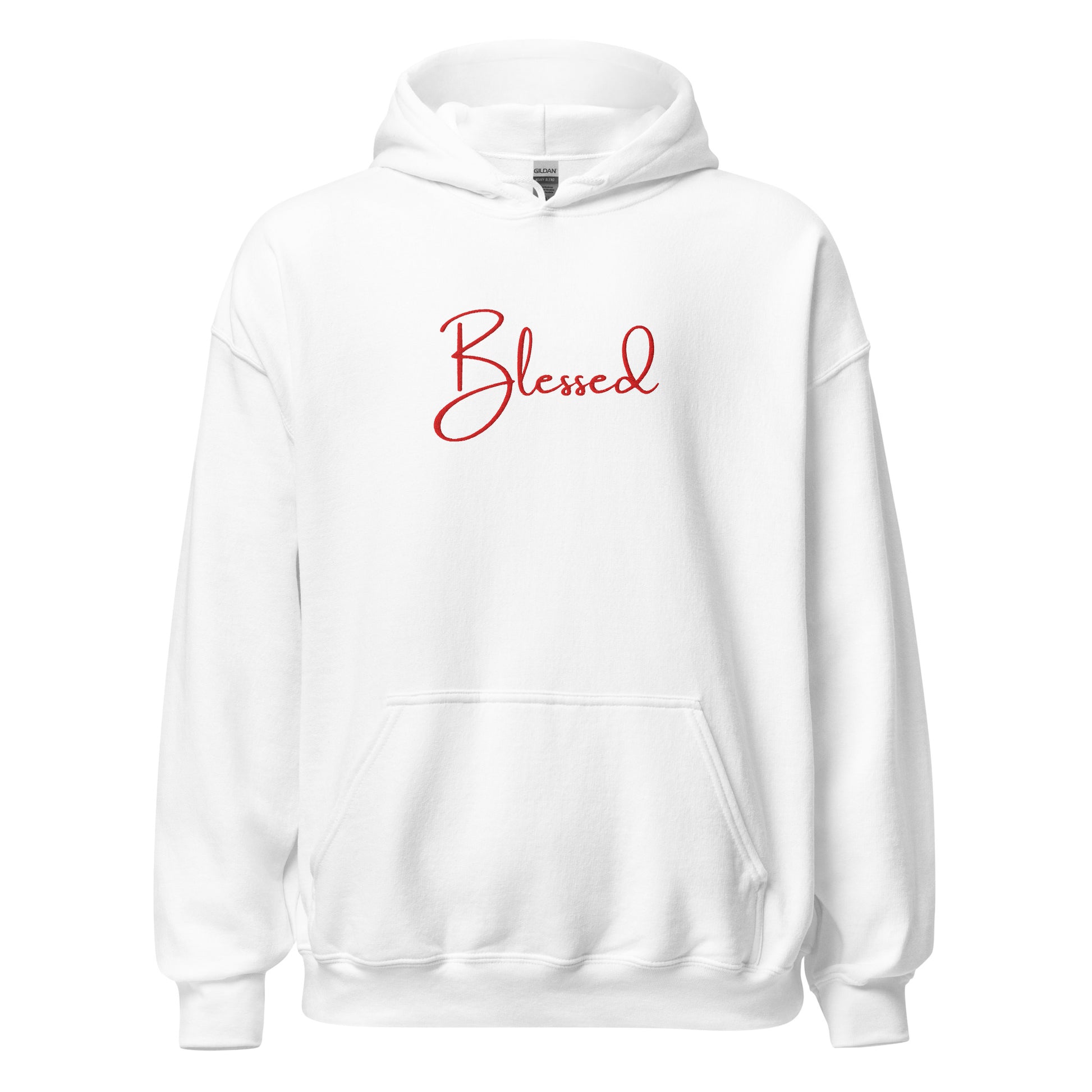 Front view of white Blessed hoodie with red embroidery