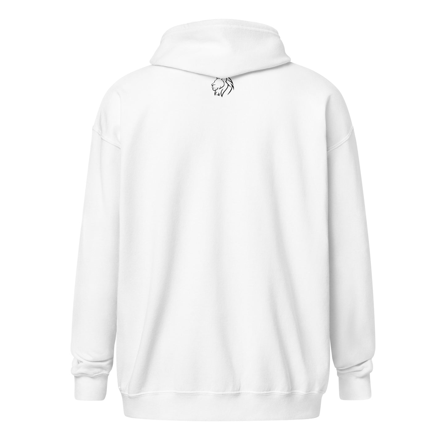 Back view of Heavenly Host white zip hoodie with Always Faithful lion logo
