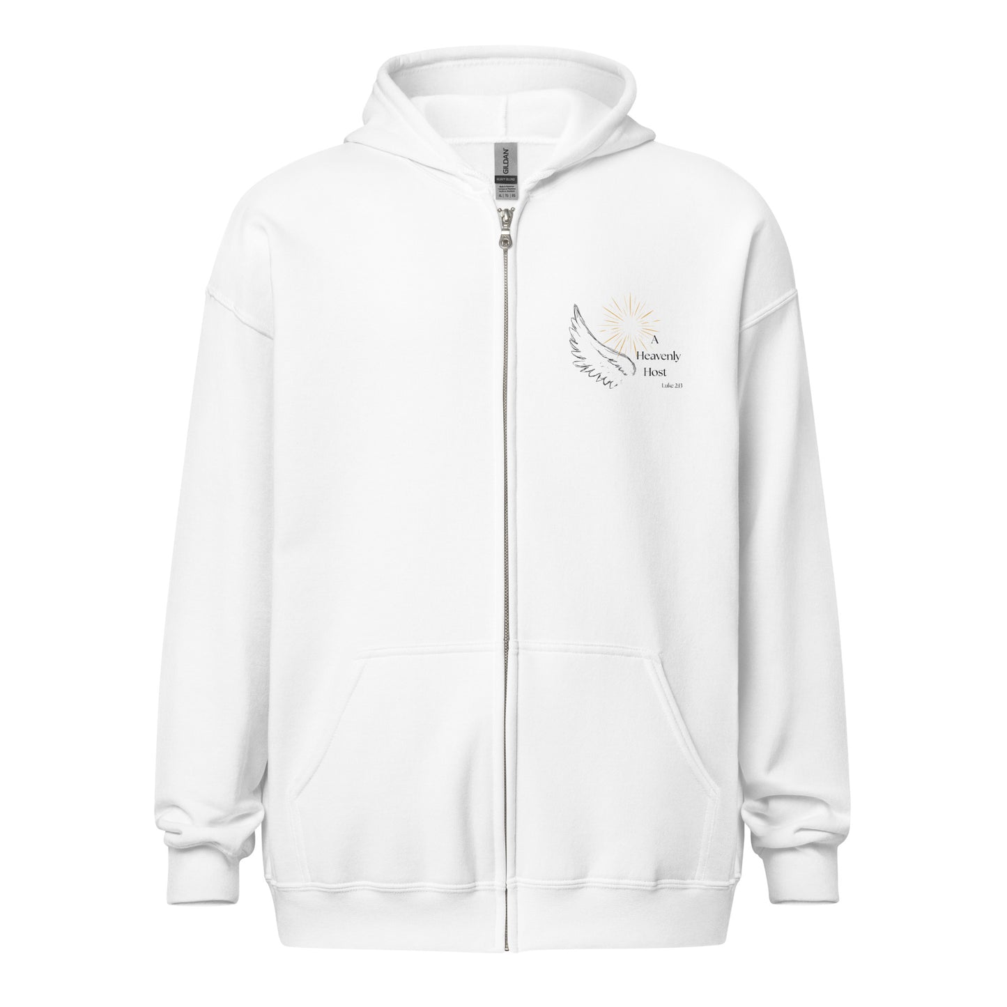 Product mockupFront view of Heavenly Host white full zip hoodie with angel wing, golden burst, and Luke 2:13 design over the heart
