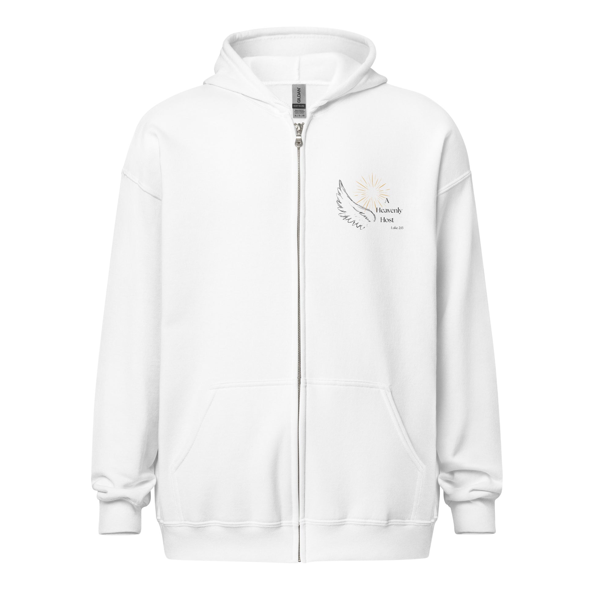 Product mockupFront view of Heavenly Host white full zip hoodie with angel wing, golden burst, and Luke 2:13 design over the heart
