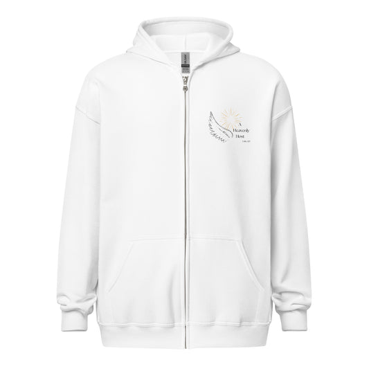 Product mockupFront view of Heavenly Host white full zip hoodie with angel wing, golden burst, and Luke 2:13 design over the heart

