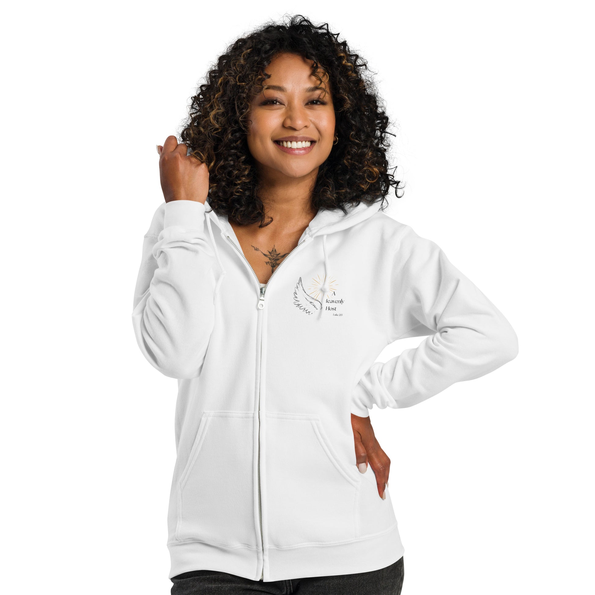 Woman wearing Heavenly Host white full zip Christian hoodie with angel wing and Luke 2:13 design, lifestyle front view
