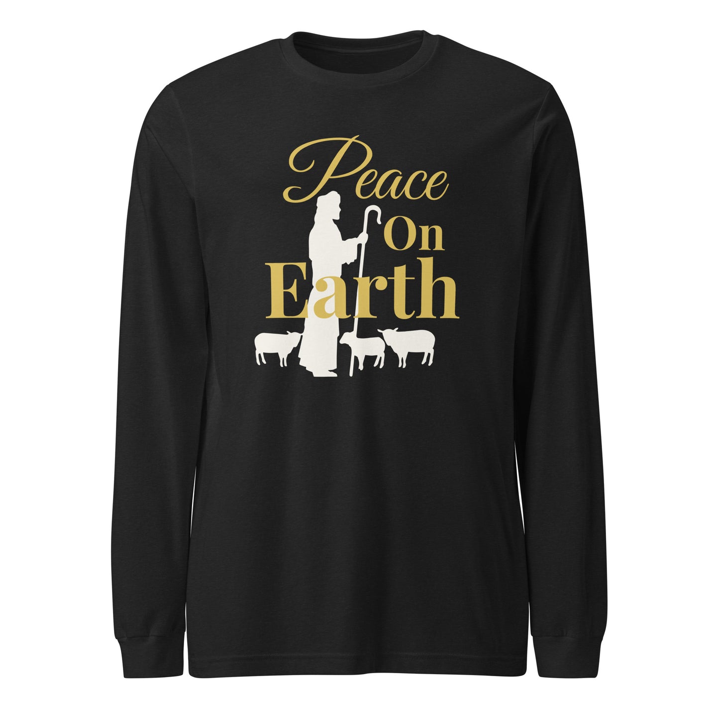Peace on Earth long sleeve Christmas tee in black heather with shepherd and sheep graphic – Luke 2:14
