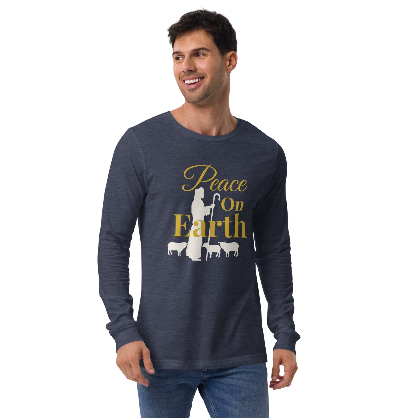 Man wearing heather navy Peace on Earth long sleeve Christmas tee with shepherd and sheep graphic – Luke 2:14
