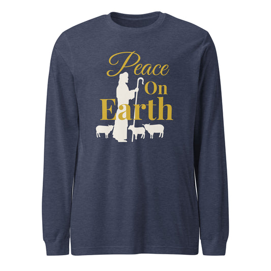 Peace on Earth long sleeve Christmas shirt in heather navy with shepherd and sheep graphic – Luke 2:14
