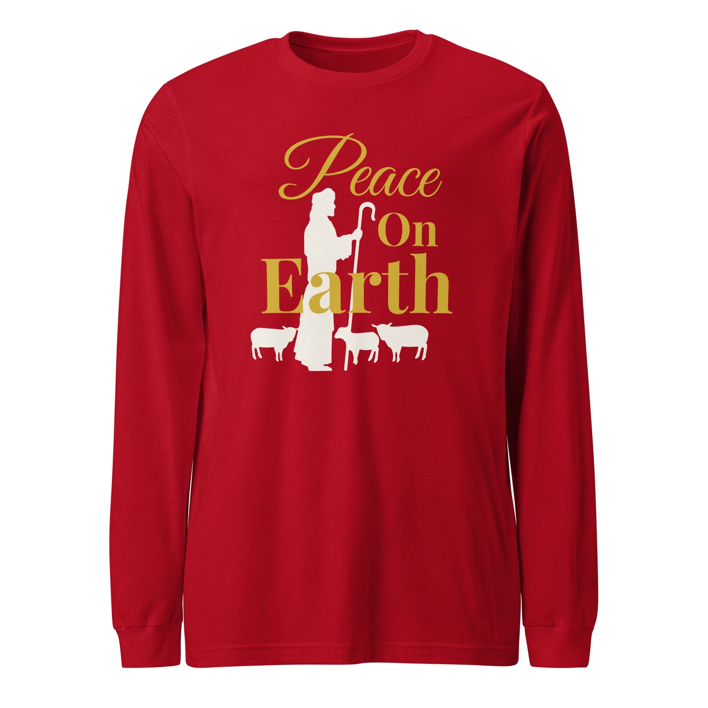 Peace on Earth long sleeve Christmas tee in red with shepherd and sheep design – Luke 2:14
