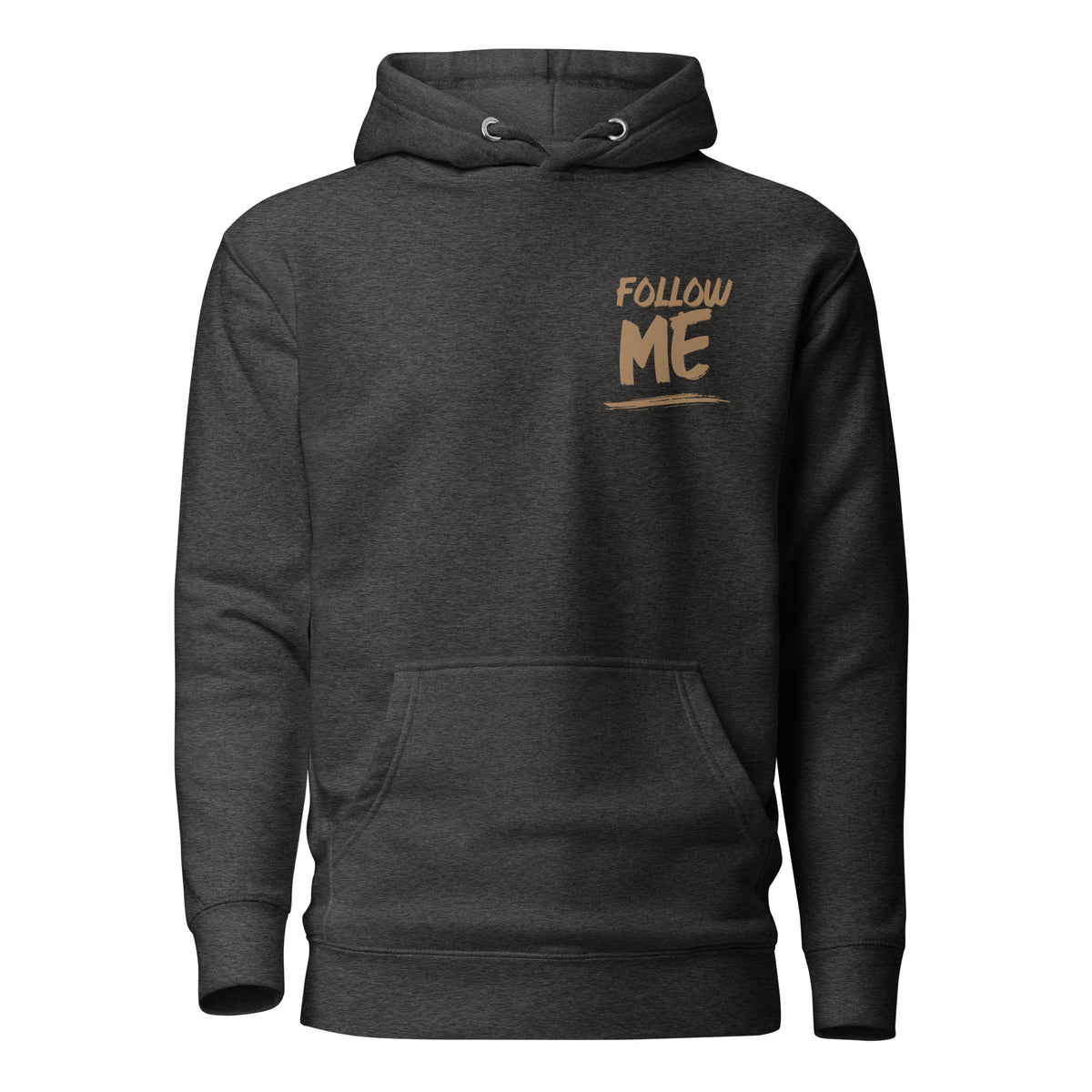 black hoodie with Follow Me printed on the left chest