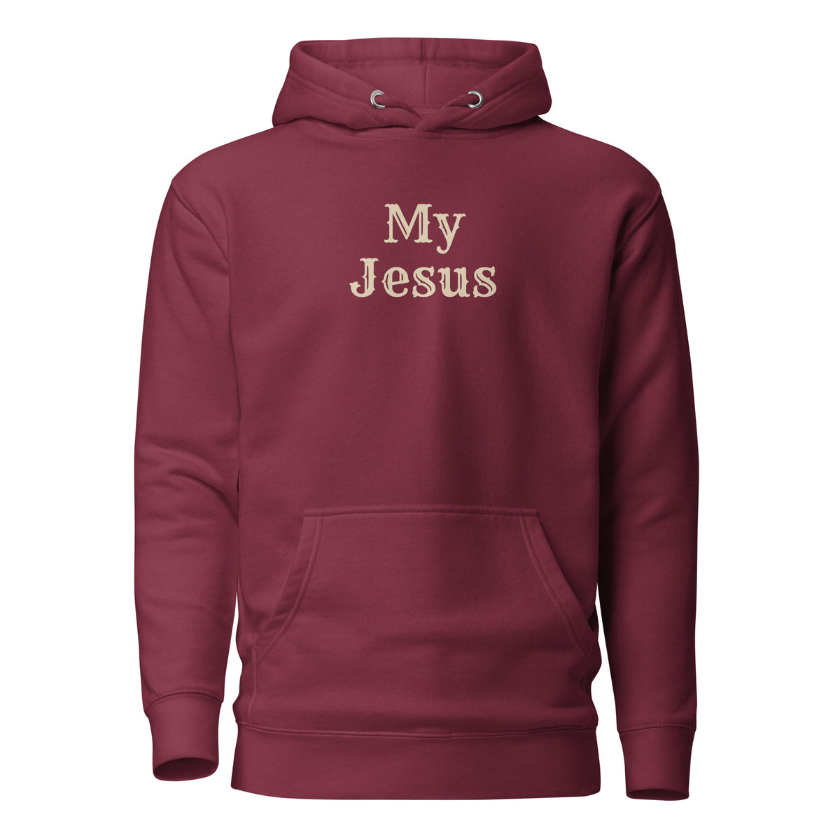 Front view, maroon hoodie with My Jesus across the front