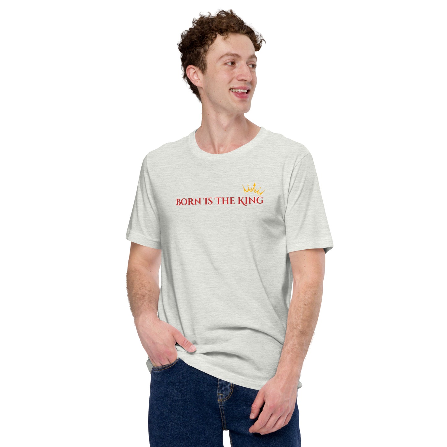Lifestyle view of man wearing Born Is the King ash tee