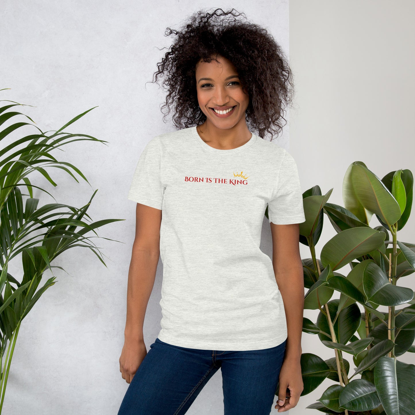 Lifestyle view of woman wearing Born Is the King ash tee