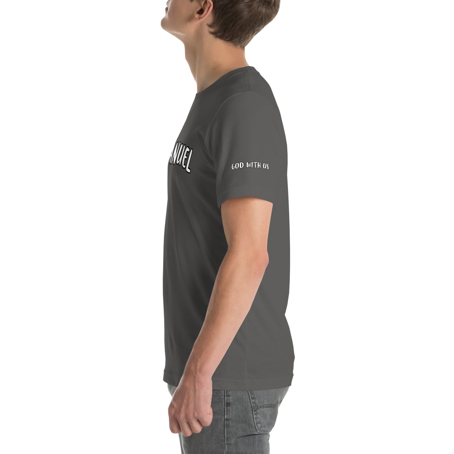 Immanuel Gray Tee – Front & Sleeve Print (Isaiah 7:14)