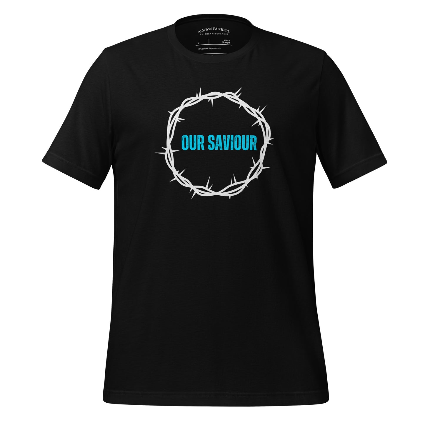 Front view of the black Our Savior Tee featuring a white crown of thorns surrounding teal “Our Savior” text across the chest.
