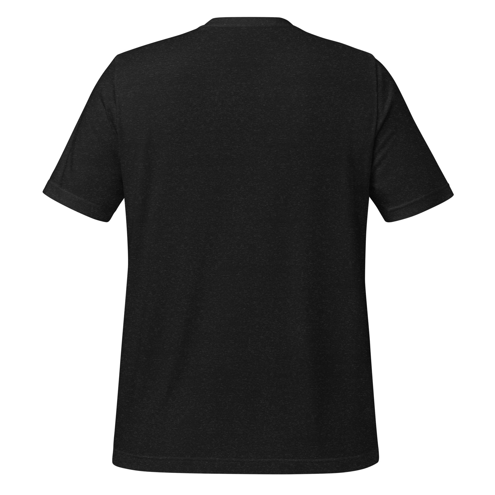 Back view of black heather Christian t-shirt showing unprinted fabric and classic unisex fit
