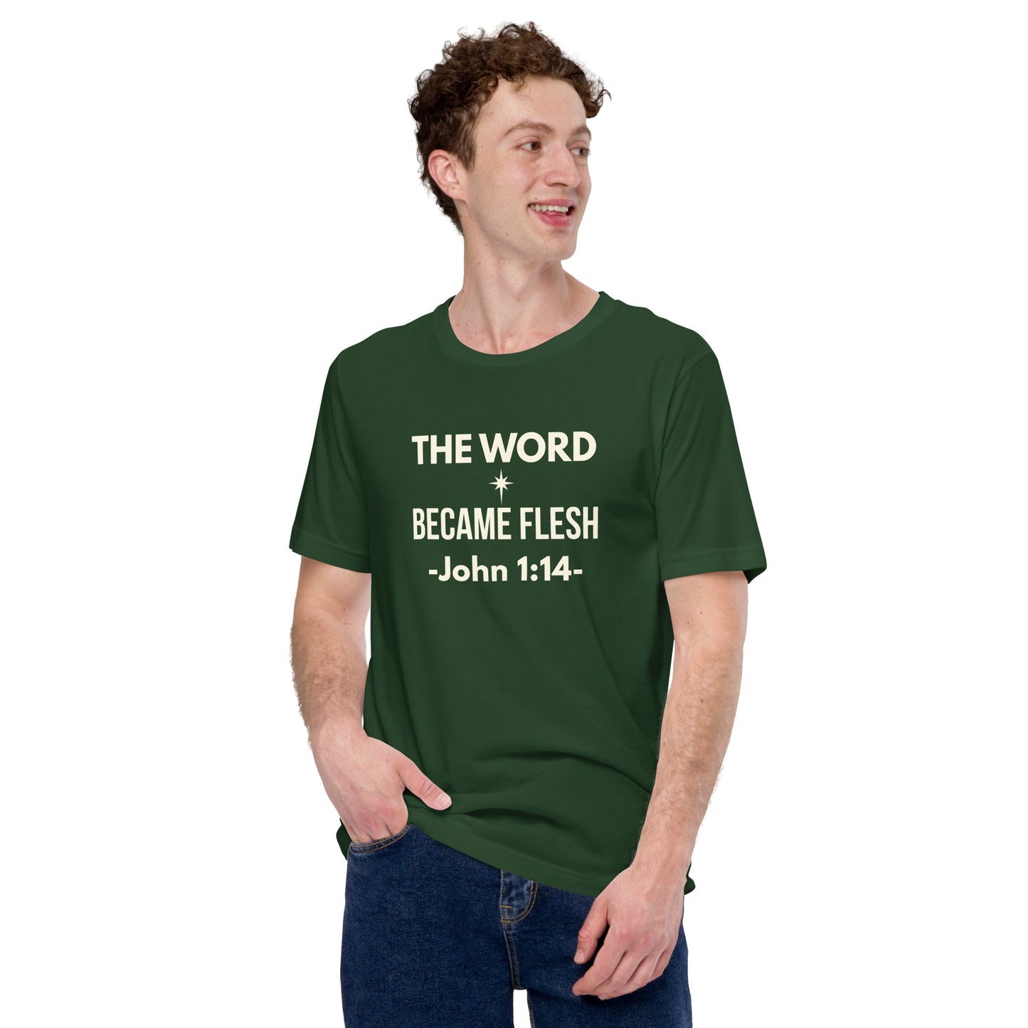 Man lifestyle photo wearing green Christian Christmas tee
