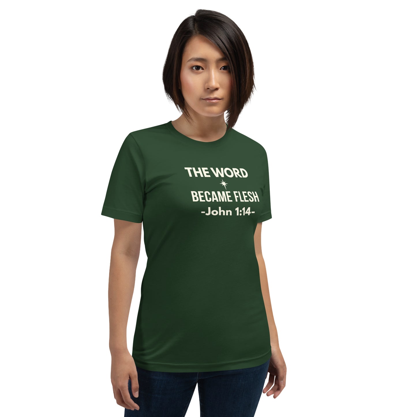 Woman lifestyle photo wearing green Christian Christmas tee