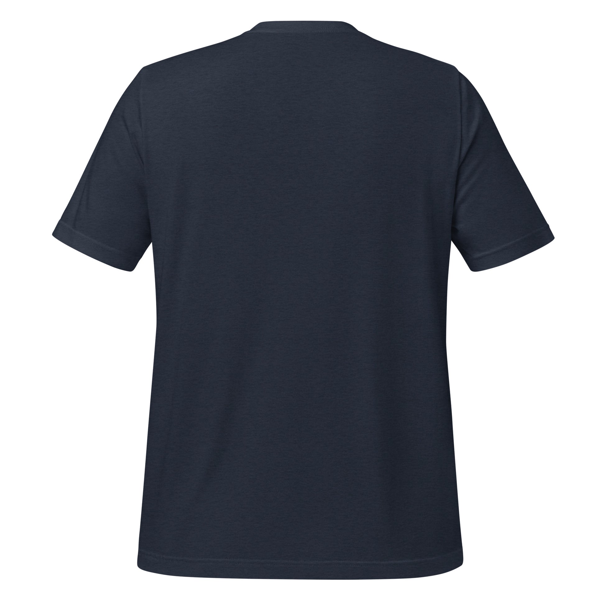 Back view of navy heather Peace on Earth Christmas Tee – plain with no print

