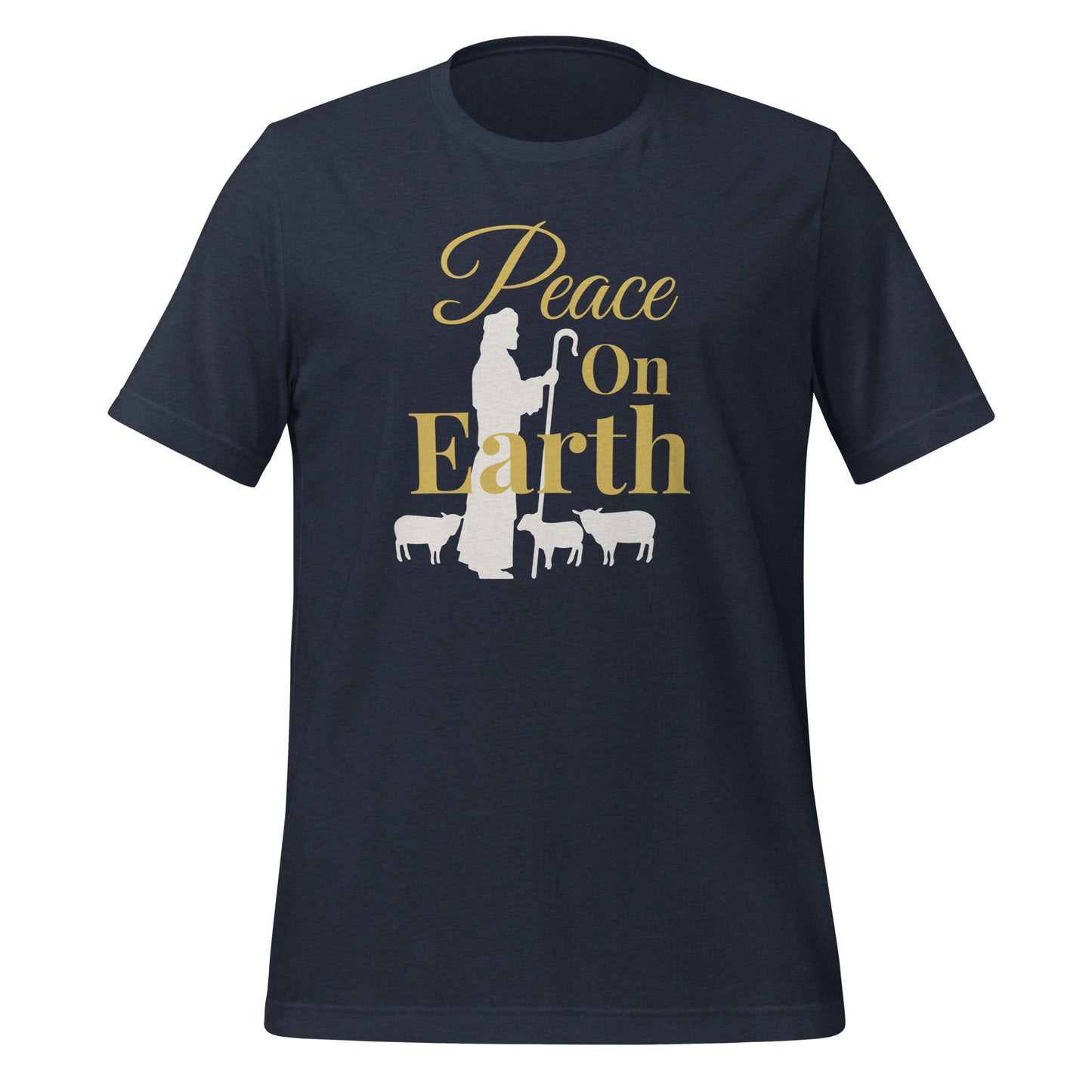 Peace on Earth Christmas Tee in navy heather with shepherd and sheep graphic – Luke 2:14
