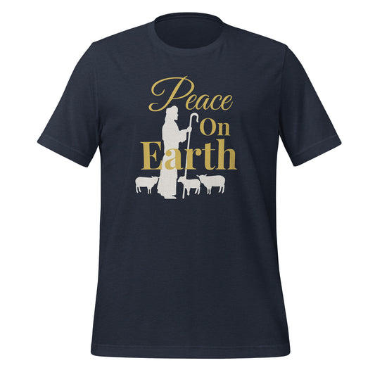 Peace on Earth Christmas Tee in navy heather with shepherd and sheep graphic – Luke 2:14

