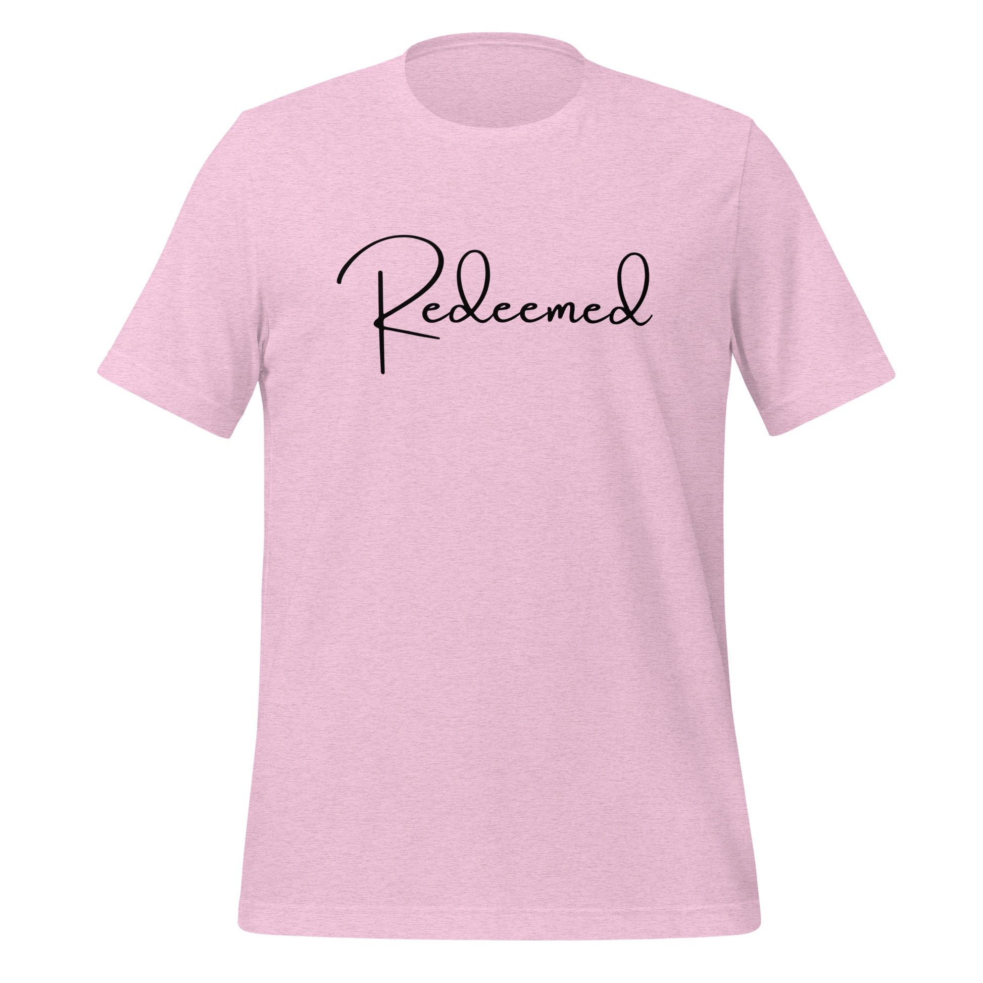 Front view of Redeemed T-shirt in heather prism lilac with faith-based text design in black ink.
