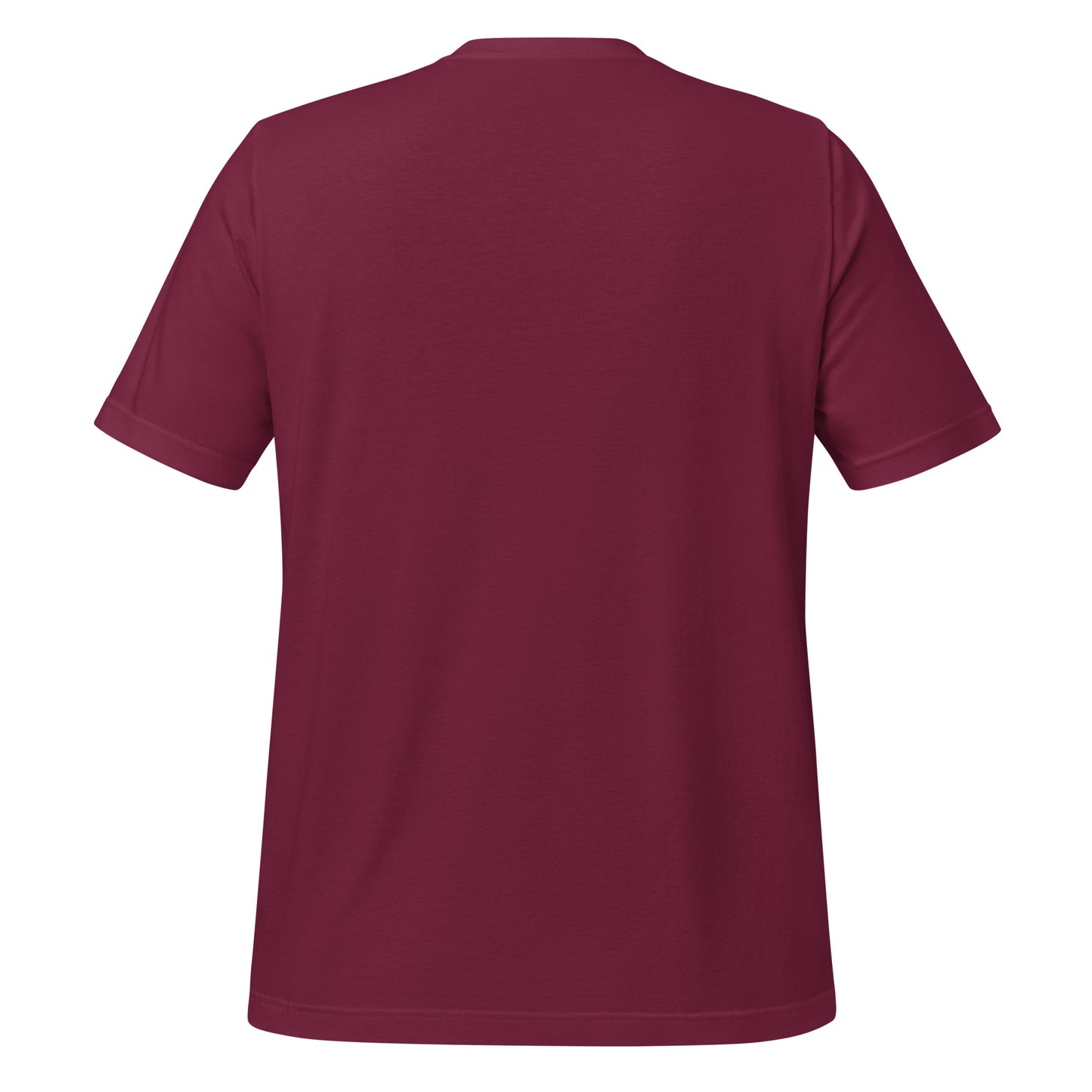 Back view of plain maroon Christian t-shirt showing unprinted fabric and unisex fit
