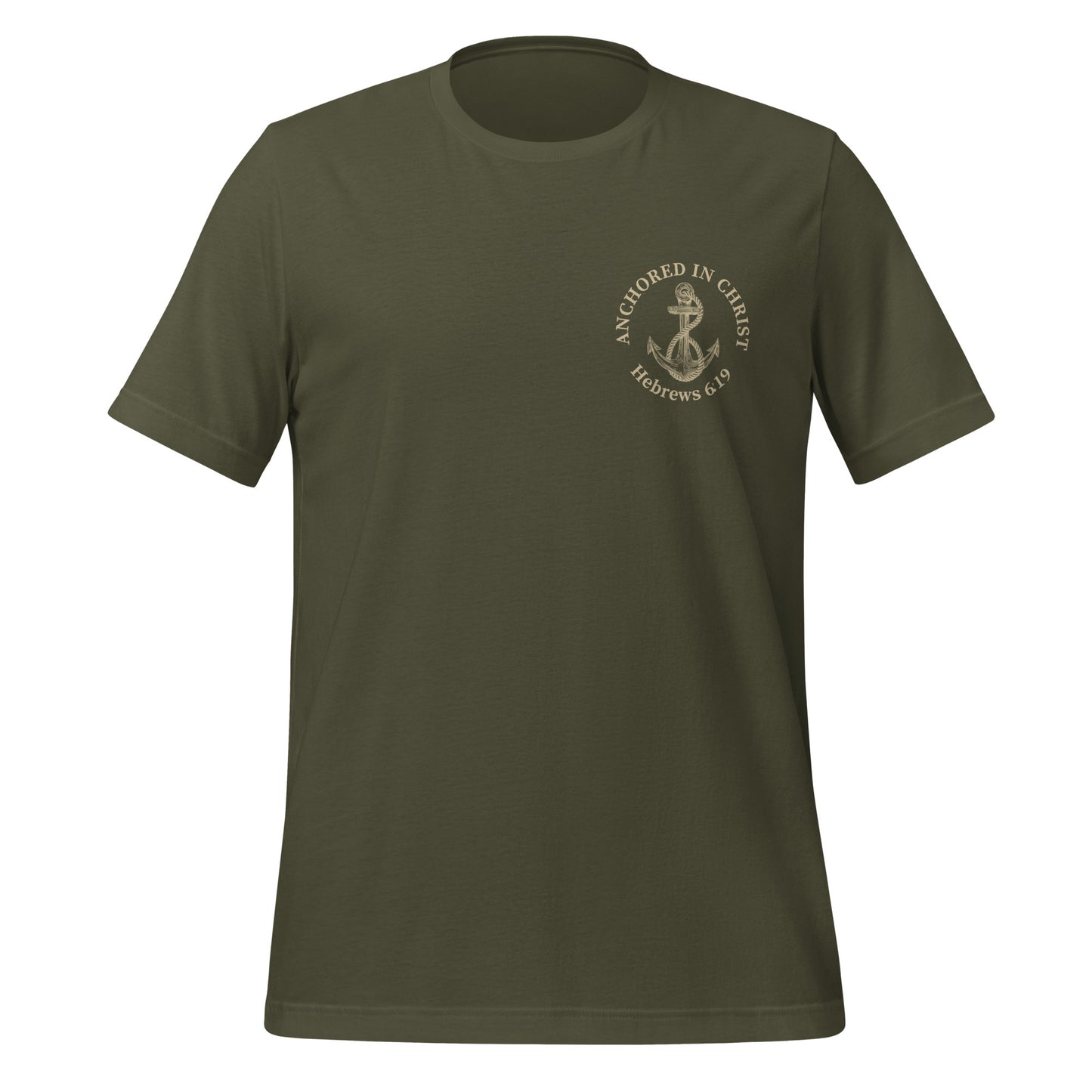 Front view of Anchored in Christ Field Edition shirt in military green with Hebrews 6:19 and cross design