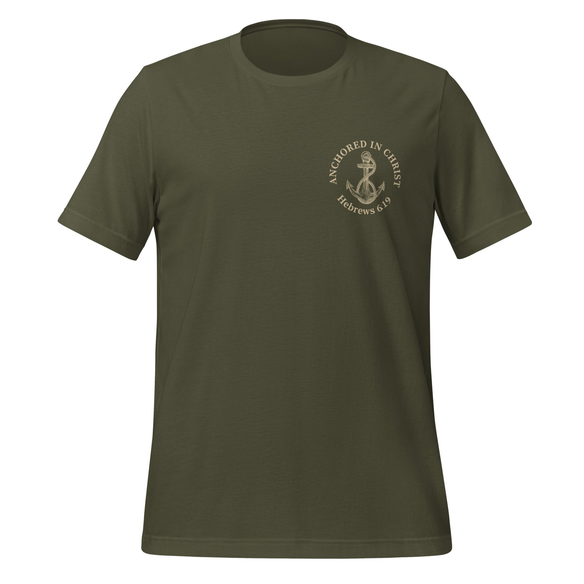 Front view of Anchored in Christ Field Edition shirt in military green with Hebrews 6:19 and cross design