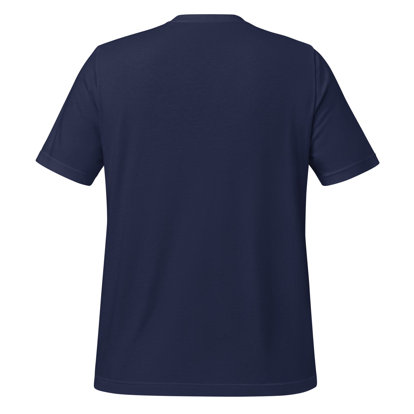 Back view of plain navy blue t-shirt showing unprinted fabric and unisex fit
